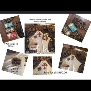 Chenille  2 piece shower curtain with 4 wall hang ups , candle jacket, valance,